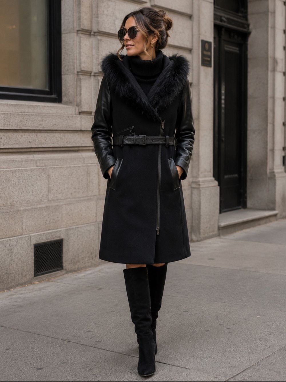Danier Black Wool and Leather Hooded Trench with Fur Trim